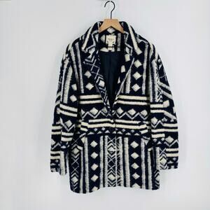 Chunky Navy Cream Geometric Pattern Coat Jacket Longline Boho Size L Fisherman
